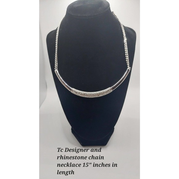 Silvertone Rhinestone Chain Necklace 15" Crescent Shape Tc Design - Picture 1 of 2